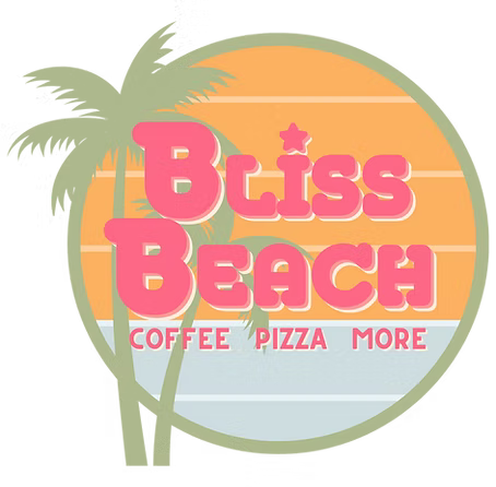 Bliss Beach Coffee Pizza More logo with a sunrise and palm tree
